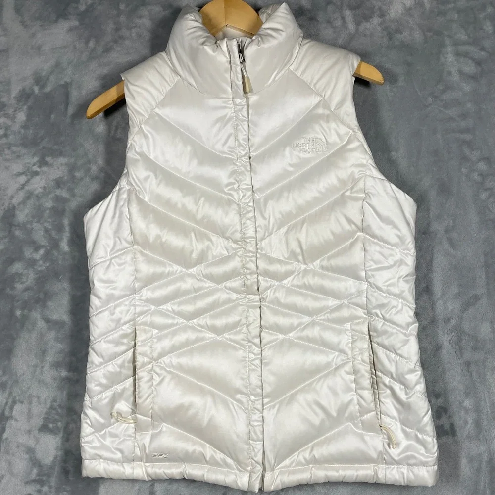 The North Face Womens 550 Down Puffer Vest White Chevron Quilted Large C984 F14 - Picture 1 of 12